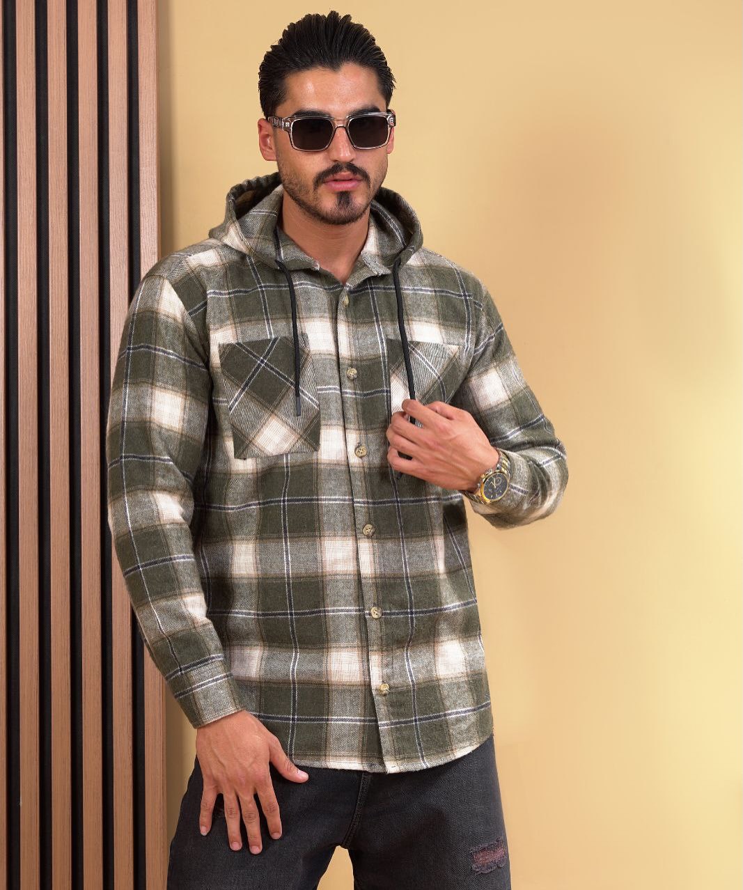 پیراهن پشمی ضخیم دوجیب چهارخانه کلاهدار